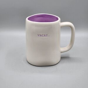Whimsical Rae Dunn Typewriter Font Ceramic Mug Cup VACAY White Purple Funny Gift